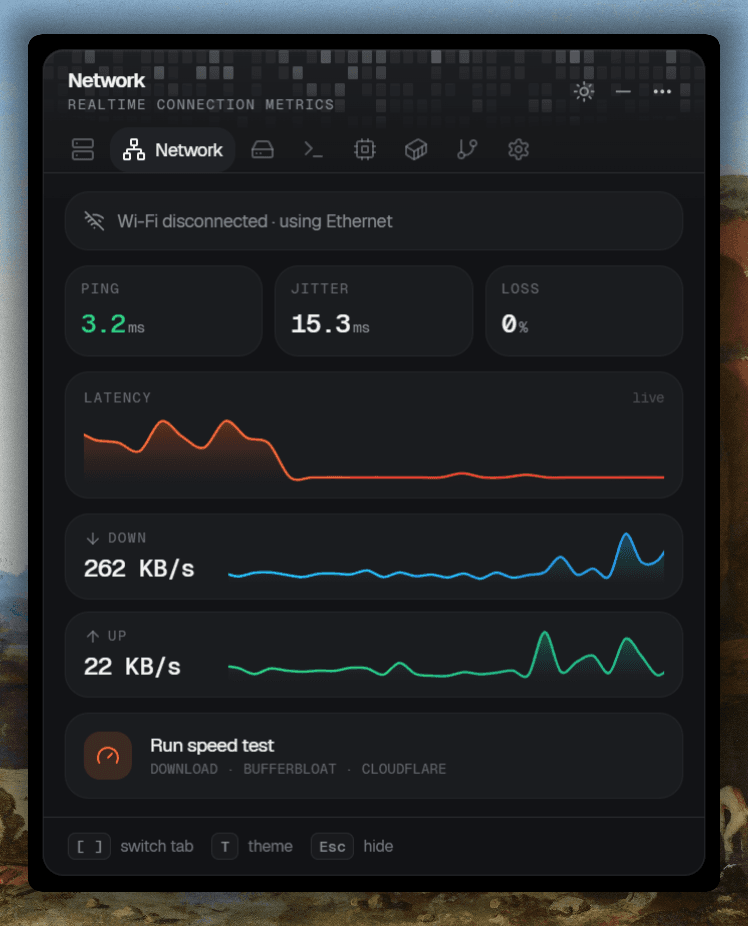 Tray Stack popover — the Network tab, showing live ping, jitter, latency, and download/upload speeds